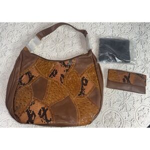 Vtg NEW Chi Falchi Brown Tan Leather Bag Purse Snake Skin Patchwork W/ Wallet